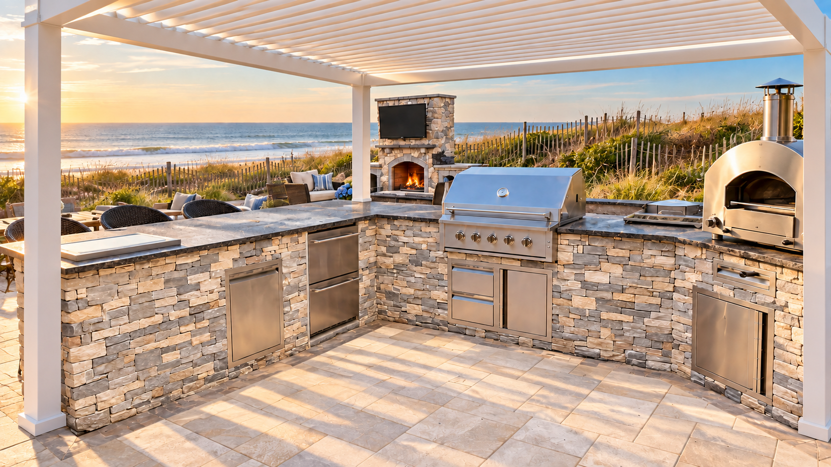 Coastal outdoor kitchen concept with white pergola, stone island, grill, pizza oven, fireplace and ocean backdrop