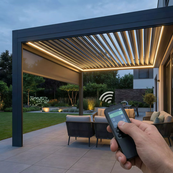 Handheld remote controlling lighting beneath a louvered pergola at dusk