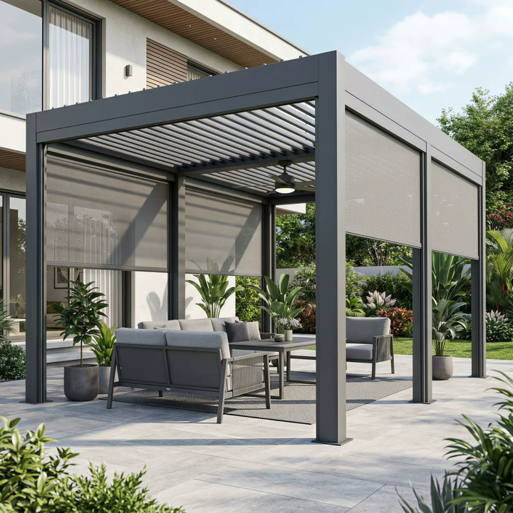 Louvered pergola with lowered side screens around an outdoor seating area
