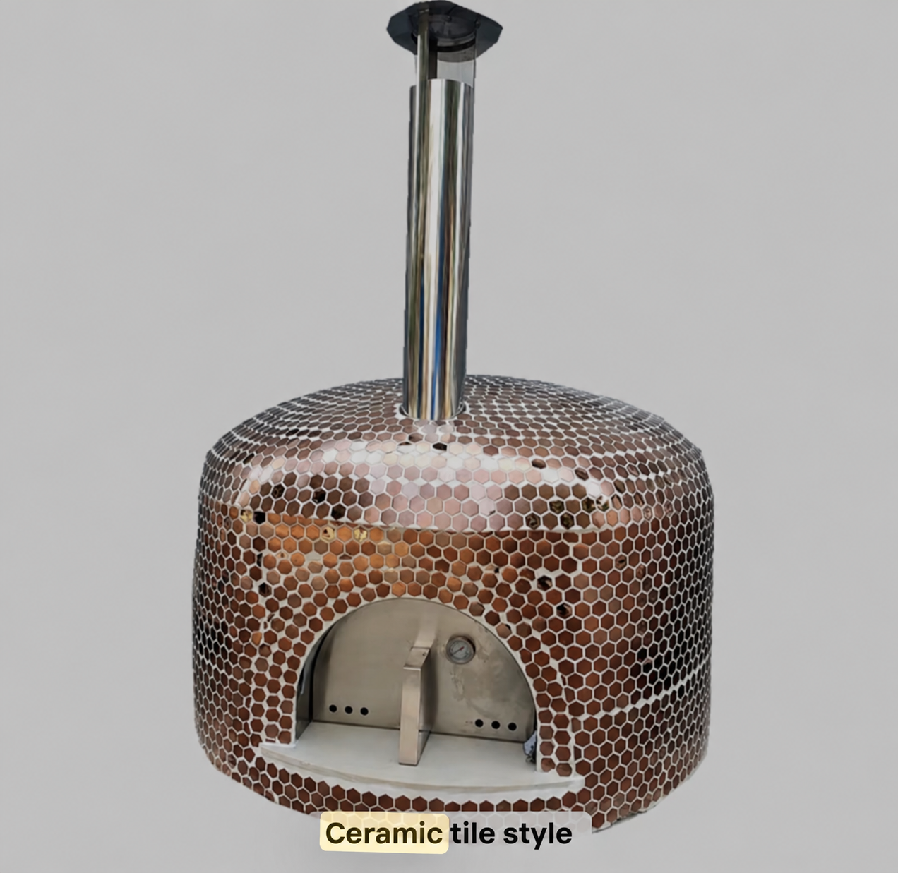 Rounded mosaic tile pizza oven with a stainless steel door, thermometer, and chimney