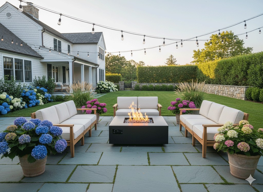 Warming Trends fire feature with a full flame surrounded by outdoor lounge seating and hydrangeas