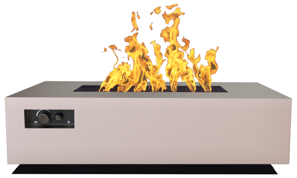 Warming Trends AON rectangular fire table in Sand Pebble finish with a burning fire